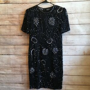 ‎VINTAGE ROBERT ANTHONY EMBELLISHED SILK DRESS IN BLACK